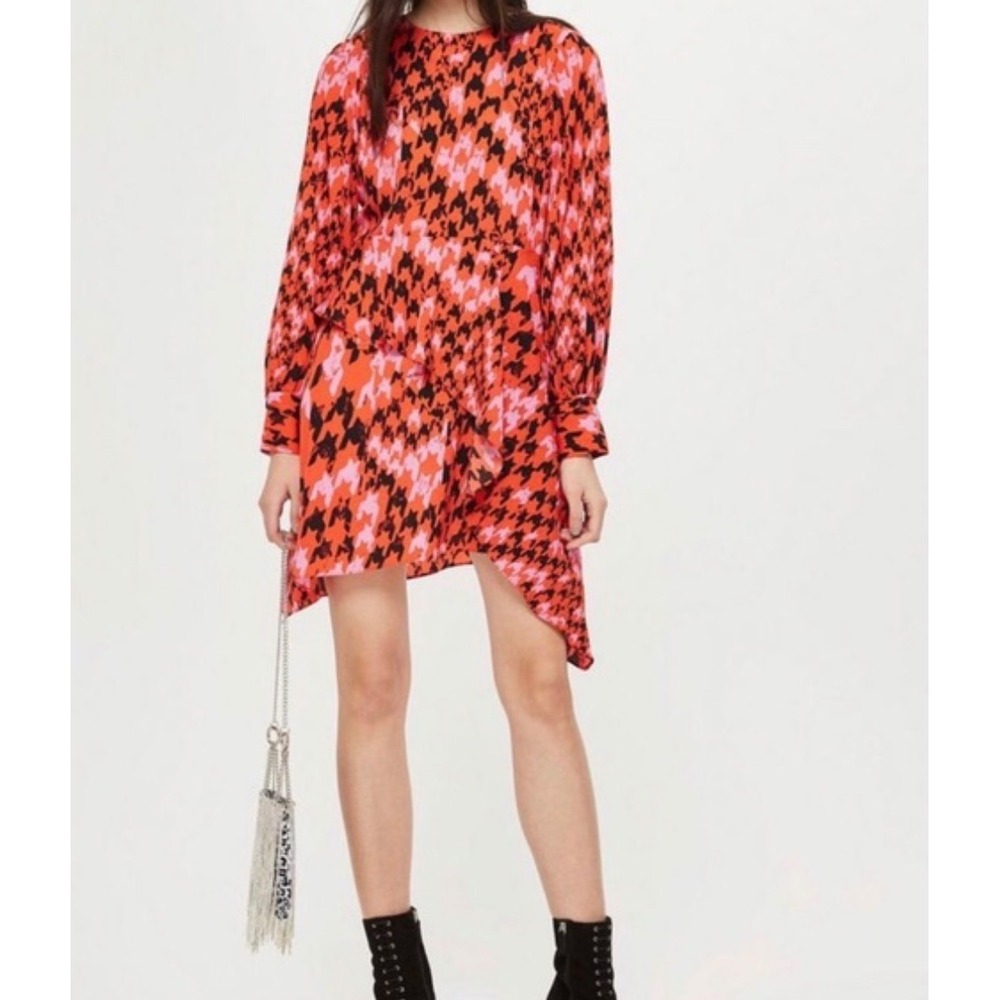 Topshop Petite Mini Dress Womens US 6 Red Pink Houndstooth Asymmetric Party Mod‎